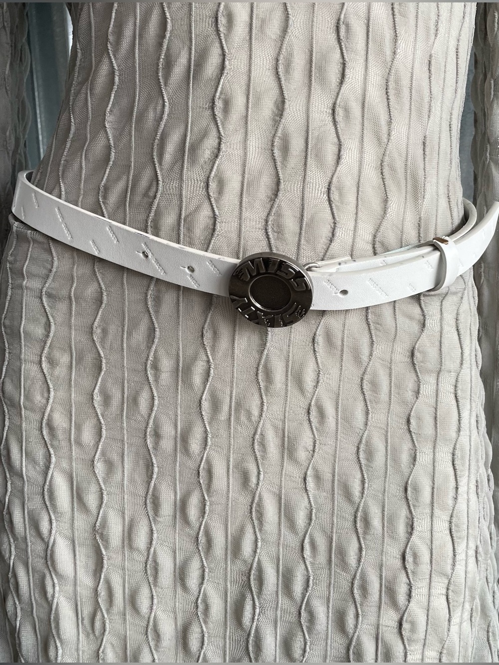 Miss Sixty White Leather Belt Size Medium Y2K Skinny Belt Silver Buckle